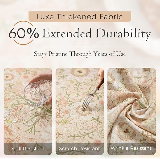 French Linen Tablecloth Rectangular, Vintage Floral Table Cloth, Waterproof Table Cover for Picnic Dining Party Wedding, Blossom Pink, 63x106''