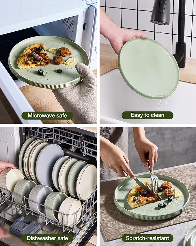 Famiware Star Stoneware Dinnerware Sets for 4 (16pcs), Chip Resistant, Microwave and Dishwasher Safe Complete Dishes, Pasta Bowl, Cereal Bowl, Dinner Plate, Salad Plate, Ribbed, Matte Sage Green