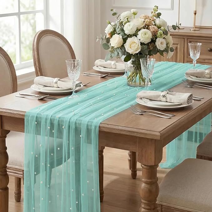 Artoid Mode Pearl Turquoise Gauze Table Runner 120 Inch 10FT, Seasonal Sheer Dining Holiday Wedding Birthday Baby Shower Table Decor for Home Party