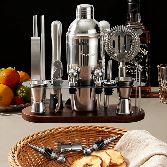 23-Piece Bartender Kit, Cocktail Shaker Set with Stand | Bar Drink Mixer Set with All Essential Bar Tools: Martini Shaker, Jigger, Strainer, Pourers, for Home, Bar, Party (chocolate-y)