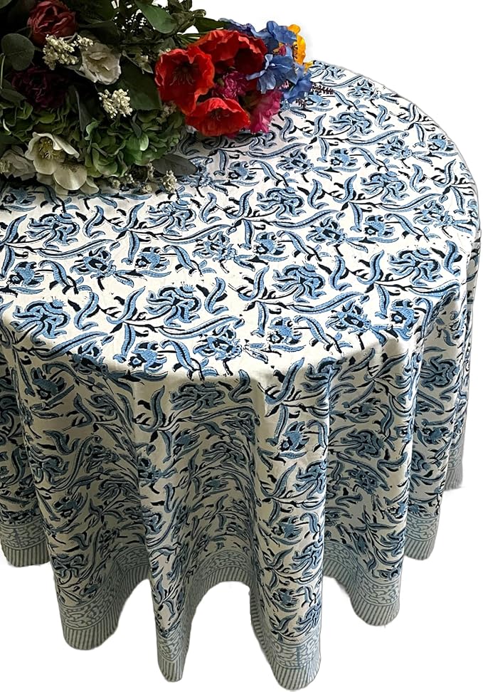 ATOSII Midnight Bloom 100% Cotton Round Tablecloth, Handblock Print Floral Table Cloth for Kitchen Dining Linen I Parties, Weddings, Outdoors, Spring Summer I 90" Inches Round
