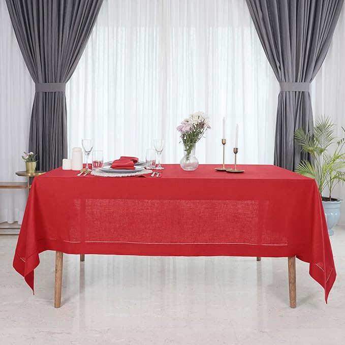 D'Moksha Homes Bright Red Linen Tablecloth for Rectangle Tables 60 x 132 Inch - 100% Pure Linen Red Table Cloth - Classic Hemstitch, Machine Washable Dining Tablecloth for Valentines, Spring, Easter
