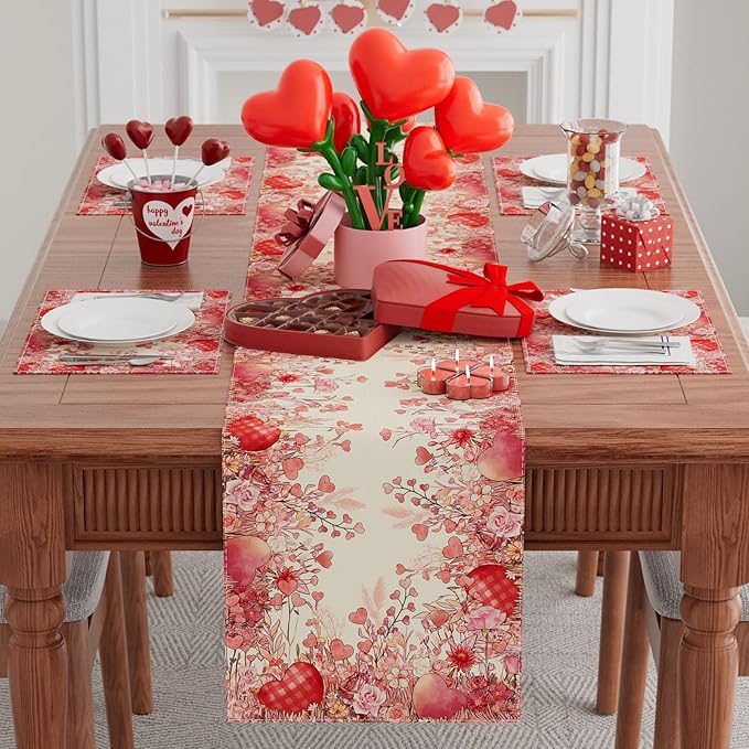 XCHI Wild Flowers Love Hearts Valentine’s Day Table Runner Table Decoration for Party Home Kitchen Dining Holiday Decor 13x90 Inch