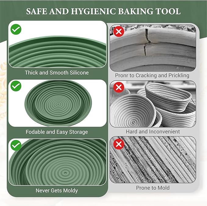 Premium Silicone Sourdough Banneton Bread Proofing Basket - Includes Oval & Round Foldable proofing Bowls (9.5 Inch) - Oven & Dishwasher Safe, Gifts for Artisan Bakers - Sage Green