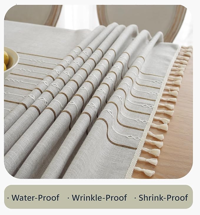 Alsoo Table Cloths Rectangle Table, Waterproof Tablecloth Cotton Linen Table Cloth Wrinkle Free Farmhouse Dining Tables Cover, Soft Fabric Table Cloths with Tassels, Brown Linens, 55" X 55", 4 Seats