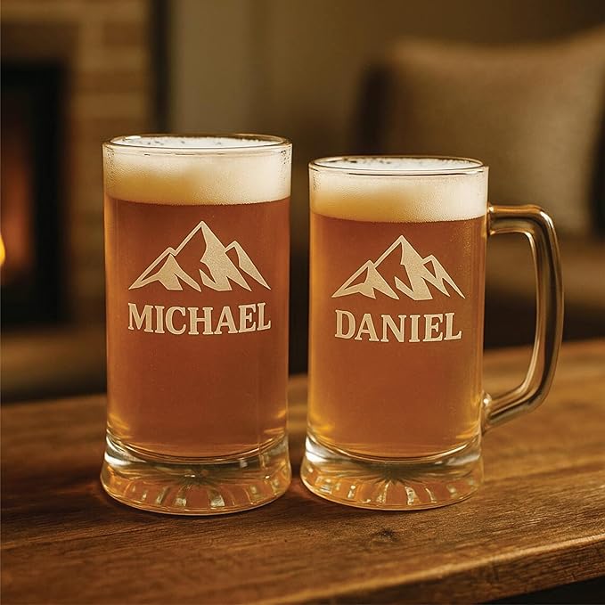 Personalized Beer Mug with Handle, Custom Engraved 14 or 25 oz Beer Glass, Laser Etched Beer Stein, Groomsmen Gift, Husband or Dad Gift