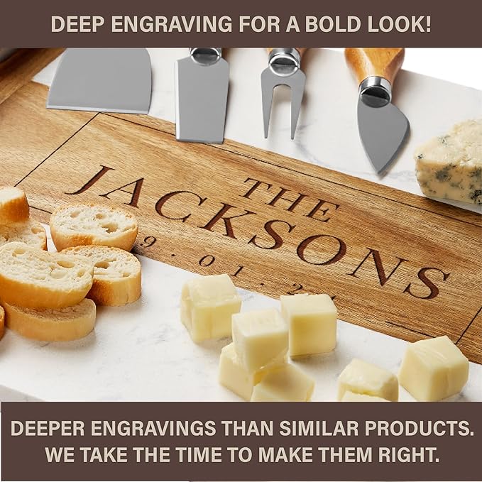 Personalized Charcuterie Board Set, Wedding Gift for Couples, Custom Engraved Marble Wood Cheese Board, Bridal Shower & Engagement Gift, Mr & Mrs Cheese Serving Board for Newlyweds