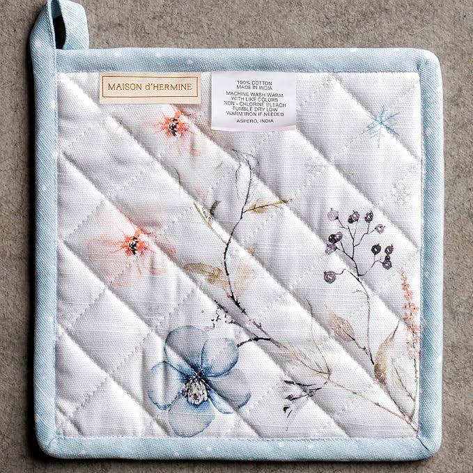 Maison d' Hermine Pot Holders 100% Cotton Heat Resistant Potholders 8" x 8" Hot Pads with Loop for Thanksgiving Christmas Decorations BBQ Cooking Baking Handling Hot Pans (Pack of 1, Ice Florals)