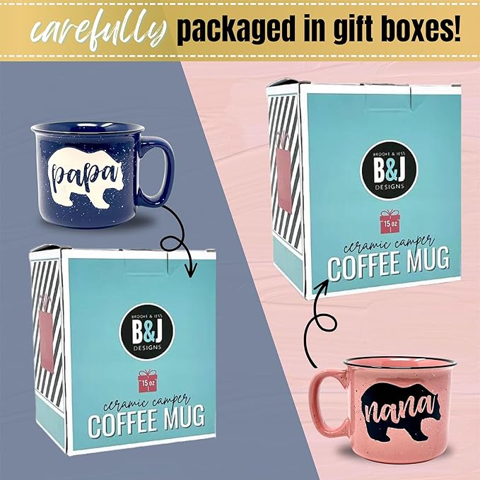 Brooke & Jess Designs Nana and Papa Bear 15 oz Cute Coffee Mug for Grandma, Grandmother - Grandma Gifts, Mother's Day, Christmas, Birthday (Nana Bear Coral and Papa Bear Dark Blue Gift Set)