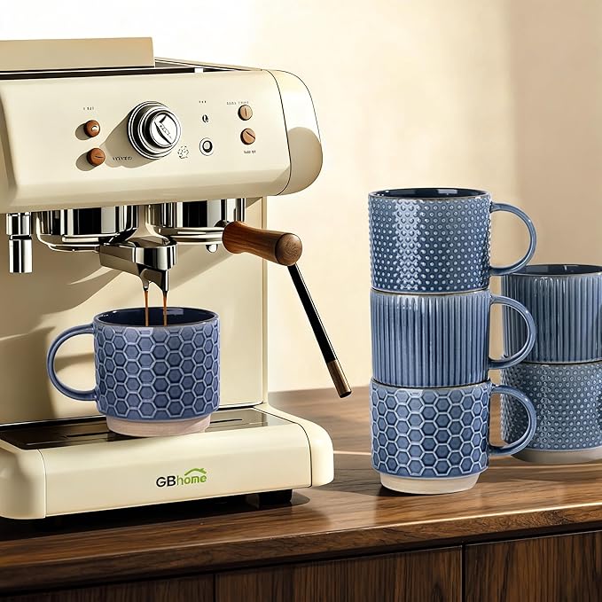 GBhome 12 OZ Stackable Coffee Mugs Set of 6, Ceramic Coffee Mugs with Texture Patterns for Man,Woman,Dad,Mom, Modern Coffee Cups for Latte/Cappuccino/Cocoa. Dishwasher&Microwave Safe