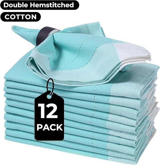 Homidate Cotton Cloth Napkins Set of 12 – 20x20 Aqua Green Double Hemstitched – Machine Washable Dinner Napkins for Weddings, Everyday Dining & Events