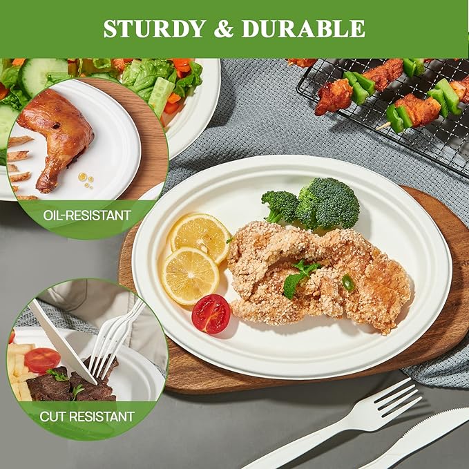 Vplus 100% Compostable Oval Paper Plates 12 inch 125 Pack Super Strong Disposable Paper Plates Bagasse Natural Biodegradable Eco-Friendly Sugarcane for BBQ, Party, Dinner, and Picnic