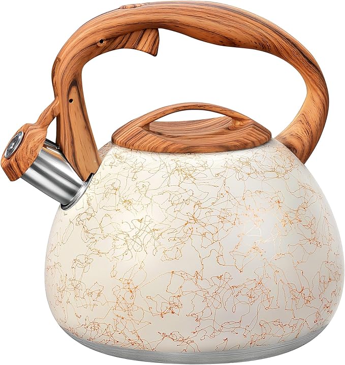 GGC Tea Kettle for Stove Top, Loud Whistling Kettle for Boiling Water Coffee or Milk, 3.1 Quart Stainless Steel Art Line White Pot with Wood Pattern Handle, Unique Button Control Outlet