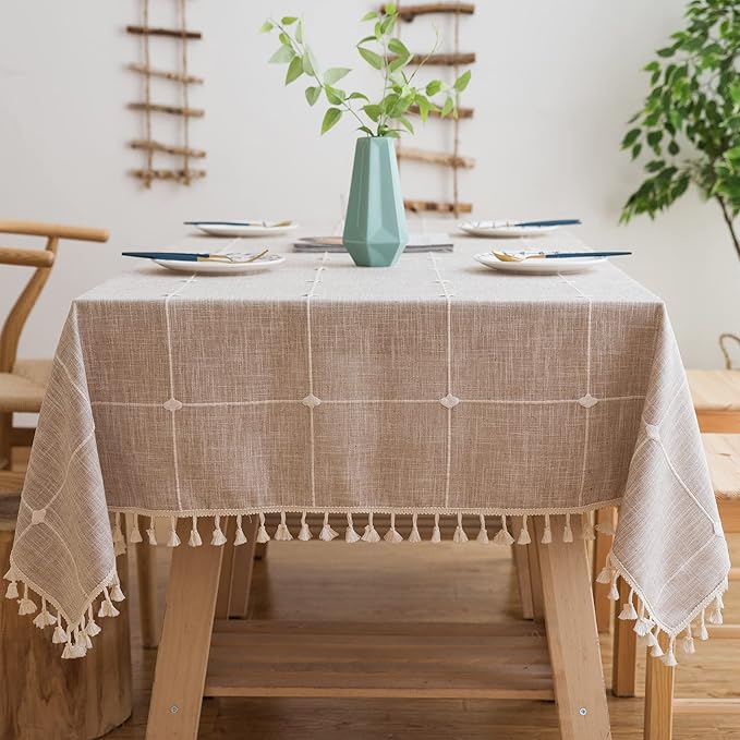 Pahajim Rustic Linen Tablecloth Cotton Rectangle Table Cloth for Kitchen Dining with Tassel Plaid Waterproof Tablecloths Rectangle/Oblong,55''x102'',8-10 Seats