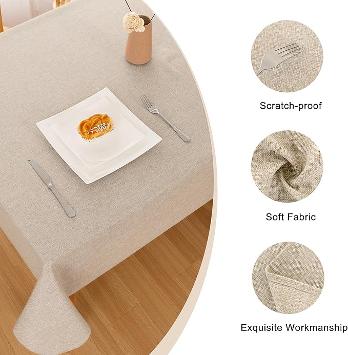 Hiasan 2 Pack Faux Linen Rectangle Tablecloth - Wrinkle and Stain Resistant Washable Table Cloth for Kitchen Dining Room Holiday Table Cover for Party Dinner, Beige, 60 x 84 Inch