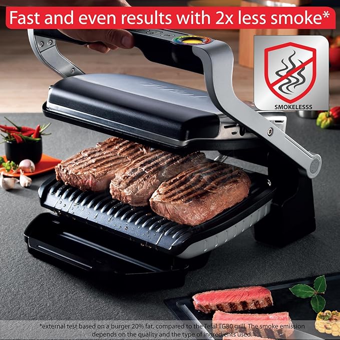 T-Fal OptiGrill Stainless Steel Electric Grill, 4 Servings, 6 Automatic Cooking Modes, Intelligent Grilling, Rare to Well-Done, Panini Press, Nonstick Removable Plates, Indoor, Silver