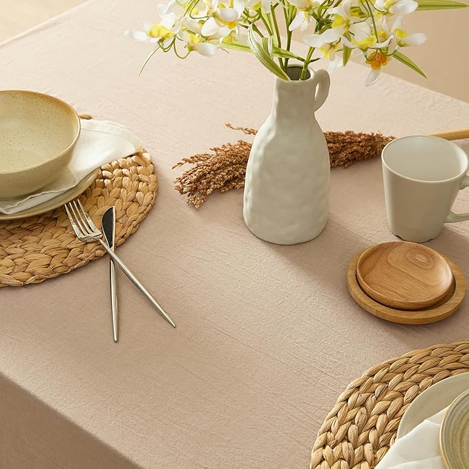MONDAY MOOSE Ruffle Farmhouse Rustic Rectangle Natural Stonewashed Cotton Tablecloth for Kitchen, Dining Room, Restaurant (60x86 inch, Natural)