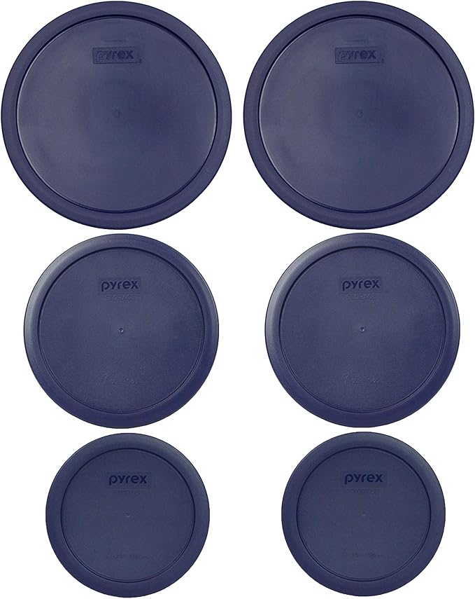 Pyrex (2) 7403-PC 10-Cup, (2) 7402-PC 6/7-Cup, & (2) 7201-PC 4-Cup Blue Food Storage Replacement Lids - Made in USA