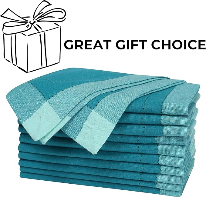 Bedding Craft Cotton Cloth Dinner Napkins Set of 12 – 20x20 Teal Multi Double Hemstitched – Machine Washable Reusable Fabric Napkins for Weddings & Dinner Tables