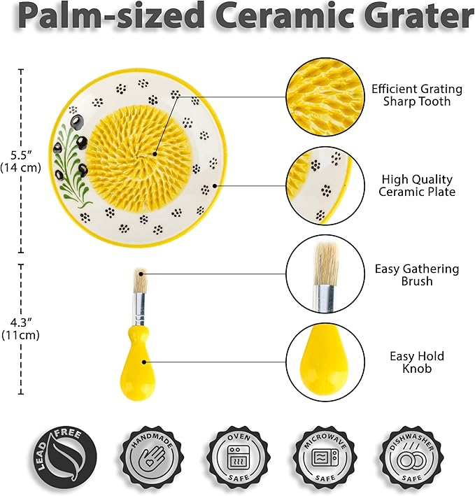 Handmade Ceramic Garlic Grater - 4 Pcs Garlic Press - Natural Ginger & Cheese Grinder - Decorative Mincer - Honey Yellow