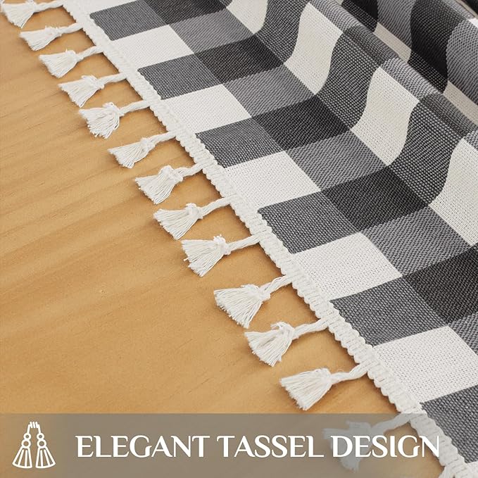 Softalker Checkered Tablecloth Rectangle, Outdoor Linen Cotton Gingham Table Cloth with Tassel, Heavy Duty Wrinkle Free Buffalo Plaid Table Cover for Kitchen Dining Home Party - 55 x 102 Inch, Black