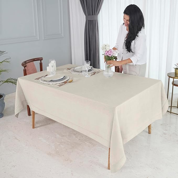 D'Moksha Homes Light Natural Linen Tablecloth 60 x 156 Inch - 100% Pure Linen Natural Tablecloth for Rectangle Tables - Classic Hemstitch, Machine Washable Table Cloth for Valentines, Spring, Easter