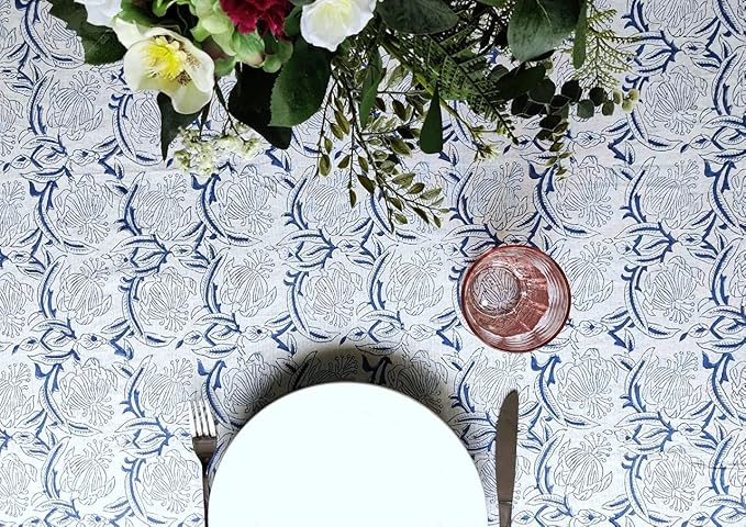 ATOSII ‘Santorini’ 100% Cotton Fall Tablecloth, Handblock Print Blue Rectangle Table Cloth for Kitchen I Dining Table Linen I Parties Wedding Christmas Thanksgiving I Fall Decor 60 X 108 Inches