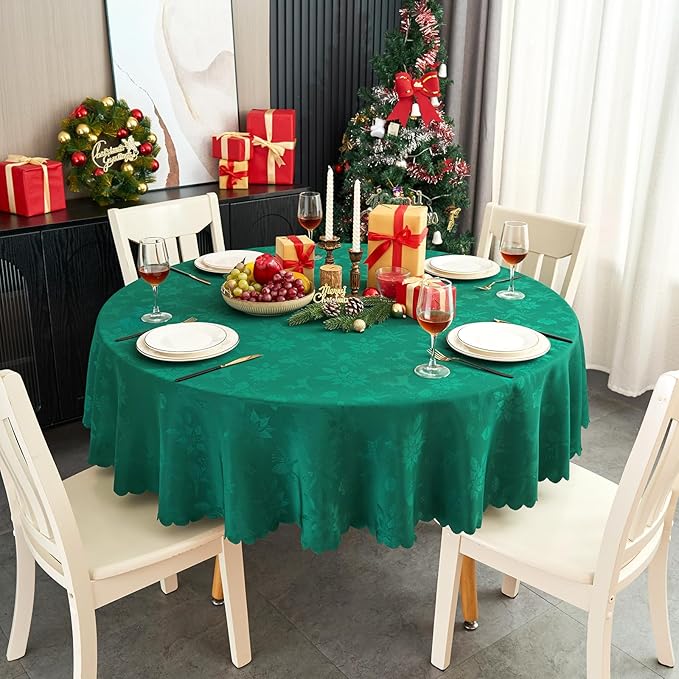 New Year Round Tablecloth 60 Inch Christmas Blackish Green Table Cloths Waterproof Washable Wrinkle Free Jacquard Fabric Table Cover for 20-46”Tables-Kitchen Dining Birthday Party Decor