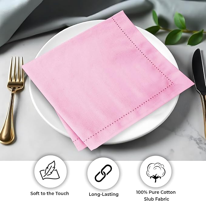 Urban Villa Cloth Napkins Set of 12 (20x20 Inches) 100% Cotton Hemstitch Napkins Cloth Washable Durable Reusable Absorbent Table Dinner Napkins Cloth for Hotel Lunch Restaurant Weddings Parties – Pink