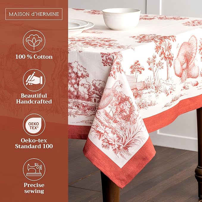 Maison d' Hermine Table Cloth Rectangle Table 100% Cotton 70 x 90 Inches Fall Tablecloth Reusable Everyday Use for Thanksgiving Christmas Decorations Dining Farmhouse Party (Holy Jouy - Red)
