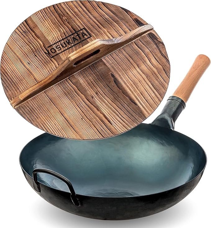 YOSUKATA Blue Round Bottom Wok Pan – 14" Stir Fry Pans Premium Wok Cover 14 inch - Wooden Lid