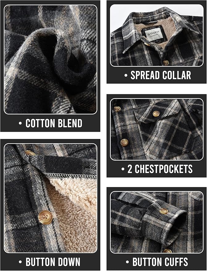 Men's Cotton Sherpa Lined Button Down Flannel Shirt Jacket Plaid Soft Outdoor Flannel Jacket Shirt