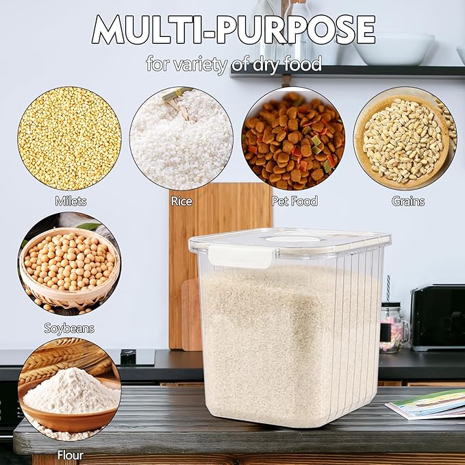 Yuright 1 Pack 22 Lbs Cereal Rice Food Storage Container Bin, Clear Plastic Food Grain Storage Container with Measuring Scoop