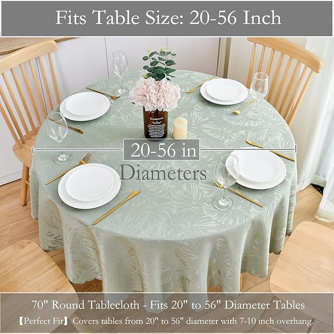 Round Tablecloth 70 Inch Green Tablecloth Leaves Pattern Scalloped Edge Silky Table cloth Waterproof Wrinkle Resistant Washable Table Cover for Kitchen Dining Outdoor Birthday Party Patio