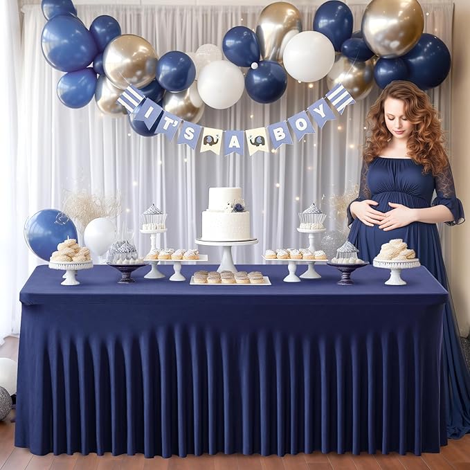 2 Packs Navy Blue Spandex Table Clothes for 4 Foot Rectangle Tables - Stretch Covers 4FT Skirts for Event, Wedding, Banquet & Parties - Wrinkle Free Fitted
