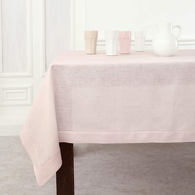 Solino Home Linen Tablecloth 60 x 144 Inch - Classic Hemstitch 100% Pure Linen Pink Table Cloth for Rectangle Tables - Machine Washable Tablecloth for Valentines, Spring, Easter
