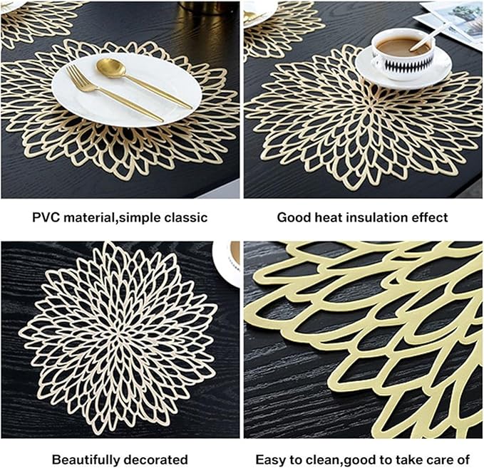 1 Pcs European Table Placemat Coaster Hollow Snowflake Shape PVC Coffee Table Mat Heat Home Decor(A Silver,38cm Placemat)