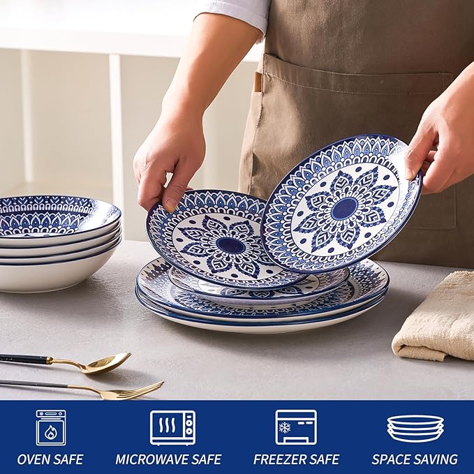 Bestone 12-Piece Round Porcelain Dinnerware Set, Service for 4, Chip Resistant Plates and Bowls,Blue, Dishwasher & Microwave Safe for Home Daily Use