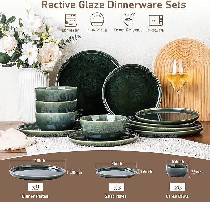 GBHOME Ceramic Dinnerware Sets for 8, 24 Pieces Stoneware Plates and Bowls Sets, Reactive Glaze Dishes -Scratch Resistant, Dishwasher&Microwave Safe, Earth Green