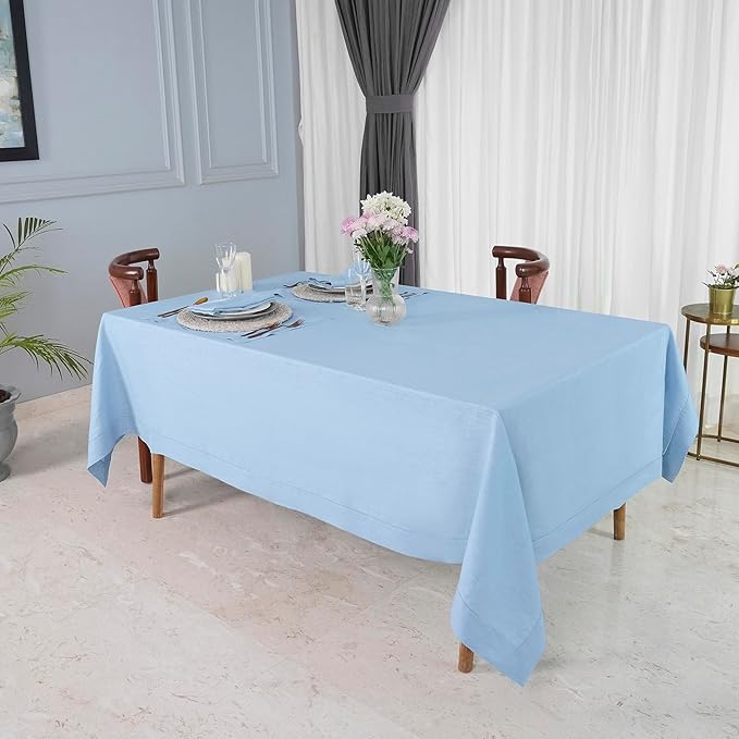 D'Moksha Homes Powder Blue Linen Tablecloth 60 x 120 Inch - 100% Pure Linen Hemstitch Tablecloth for Rectangle Tables - Classic Hemstitch, Machine Washable Table Cloth for Spring, Easter