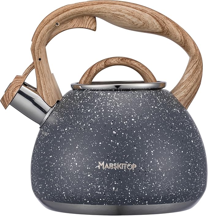MARSKITOP Tea Kettle Stovetop Whistling Tea Pot for Stove Top, Stainless Steel Tea Kettle Teapot with Wooden Pattern Handle, 2.6 Quart, Gray