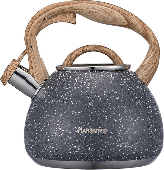MARSKITOP Tea Kettle Stovetop Whistling Tea Pot for Stove Top, Stainless Steel Tea Kettle Teapot with Wooden Pattern Handle, 2.6 Quart, Gray