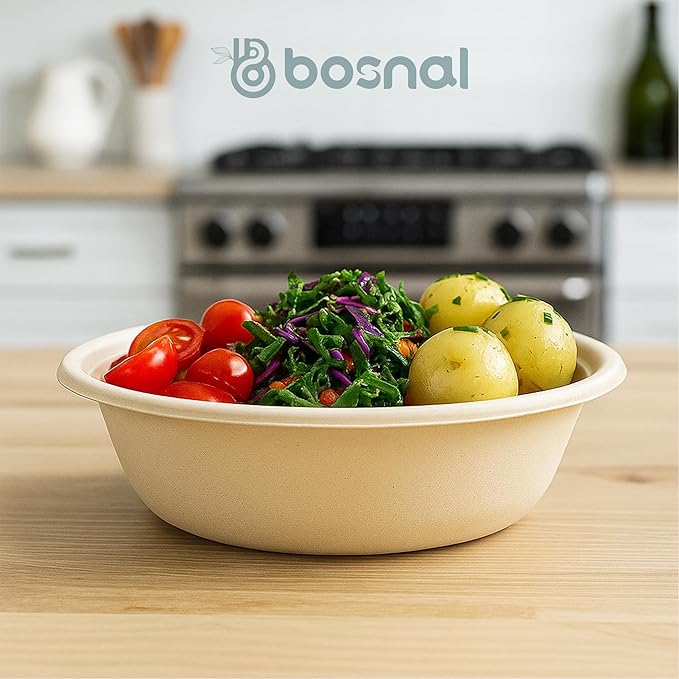 BOSNAL 10 inch & 7 inch Round Plates with 32 oz Bowls & Cutlery – 100% Plant-Based Sugarcane Bagasse, Eco-Friendly Disposable Dinnerware for Hot & Cold Meals, Microwave Safe, Durable & Compostable