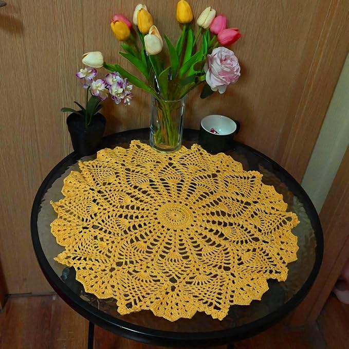BIBITIME Lace Tablecloth Doily Handmade Crochet Placemat Women Vase Mat Kitchen Table Runner (2PCS- 18 in to 20 in, Yellow)