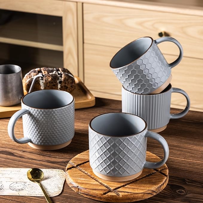GBhome 12OZ Stackable Coffee Mugs, Ceramic Coffee Mugs with Texture Patterns for Man,Woman,Dad,Mom, Modern Coffee Cups Set of 4 for Latte/Cappuccino/Cocoa. Dishwasher&Microwave Safe, Gray