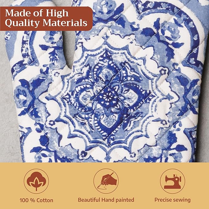 Maison d' Hermine Oven Gloves 100% Cotton Oven Mitt 7" x 13" with Loop Heat Resistant, BBQ, Cooking Gloves, Baking, Grilling, Kitchen, Handling Hot Pans Spring/Summer (Pack of 1, Melodie Bleue)
