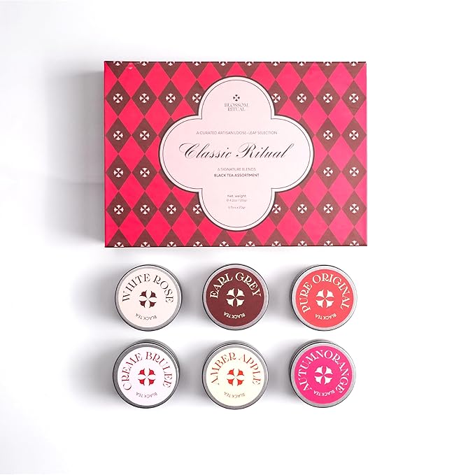 BLOSSOM RITUAL Classic Ritual Black Tea Gift Set – 6 Loose‑Leaf Artisan Tins – Earl Grey, Crimson Rose, Autumn Orange & More – Elegant Tea Sampler – 4.2oz