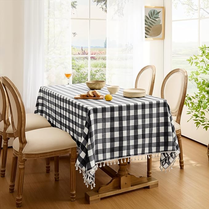 Softalker Checkered Tablecloth Rectangle, Outdoor Linen Cotton Gingham Table Cloth with Tassel, Heavy Duty Wrinkle Free Buffalo Plaid Table Cover for Kitchen Dining Home Party - 55 x 84 Inch, Black
