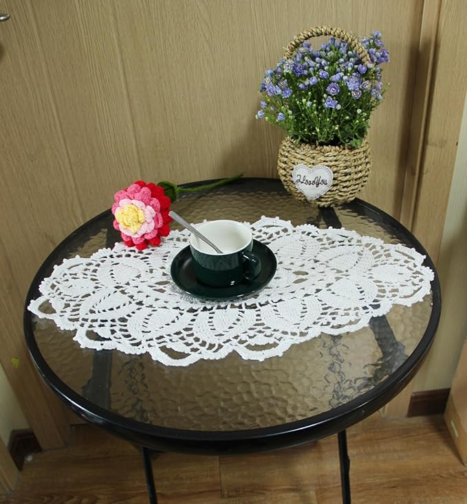 BIBITIME Lace Tablecloth Doily Handmade Crochet Placemat Women Vase Mat Kitchen Table Runner (2PCS- 12 x 22 in, White)
