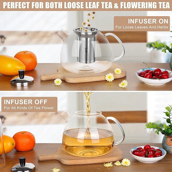 Glass Tea Pot with Infuser for Loose Tea, Microwave Stovetop Safe 1500ml/50oz Loose Leaf Tea Kettle